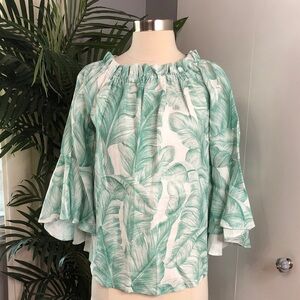 Ilinen 100 % linen Mint Green Tropical Print Off-Shoulder Blouse